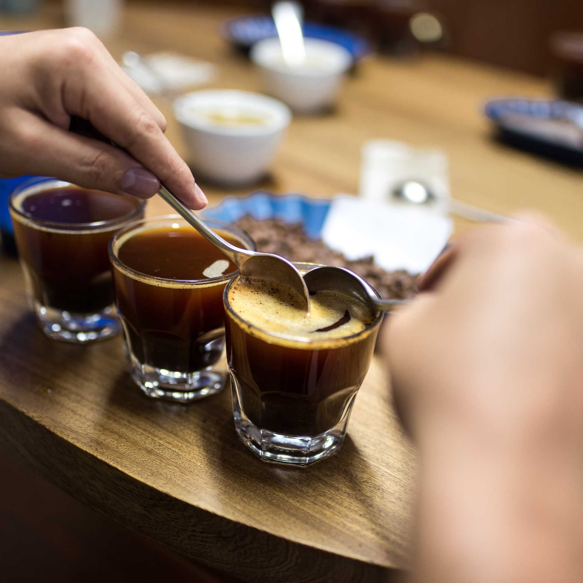 Coffee cupping of coffee at a cupping table for fundraisers for schools